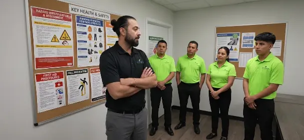 A man in a black shirt speaks to four people in matching green shirts standing in a room with health and safety posters and bulletin boards on the walls.