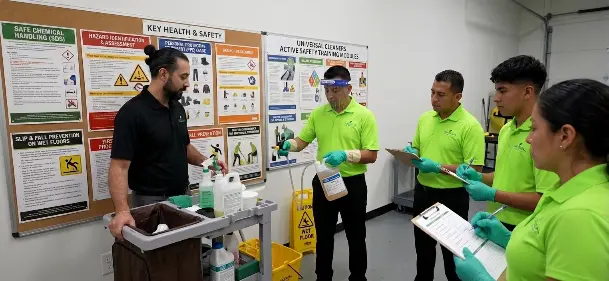 A man teaches four people in bright green shirts about cleaning chemicals and safety, in front of health and safety posters. They wear gloves, hold spray bottles and clipboards, and stand around a cleaning cart.