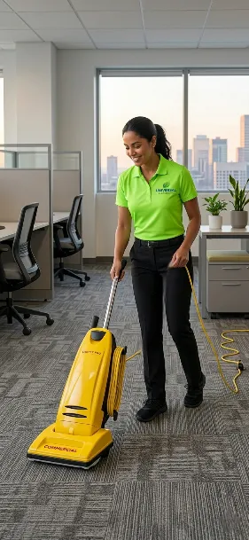 A woman in a green polo shirt vacuums the carpet in a modern office with desks, chairs, and large windows. She is smiling and the vacuum cleaner is yellow.