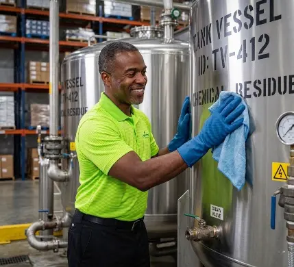 A man in a bright green shirt and blue gloves smiles while cleaning a large stainless steel tank labeled “TANK VESSEL ID: TV-412 CHEMICAL RESIDUE” in an industrial facility.