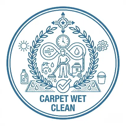 Circular emblem with “Carpet Wet Clean” text, showing icons of a person cleaning carpet, cleaning tools, detergent, water drops, gear, sun, clock, and laurel branches, representing professional carpet cleaning services.